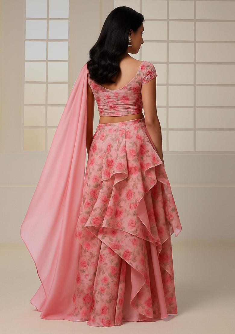 Pink Printed Organza Lehenga Set - Indya