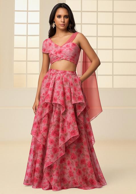 Pink Printed Organza Lehenga Set
