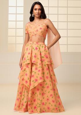 Peach Printed Organza Lehenga Set