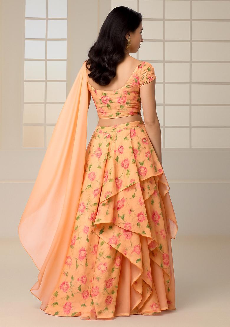 Peach Printed Organza Lehenga Set - Indya