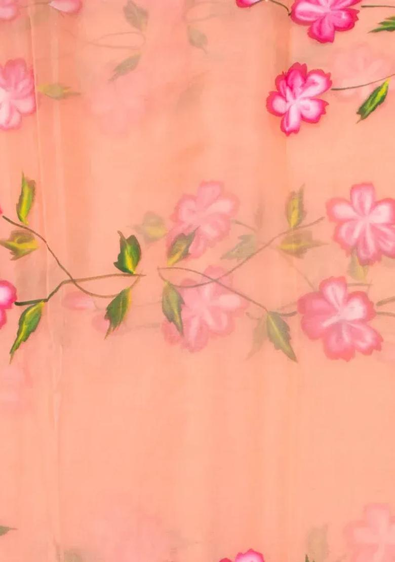 Peach Printed Organza Lehenga Set - Indya