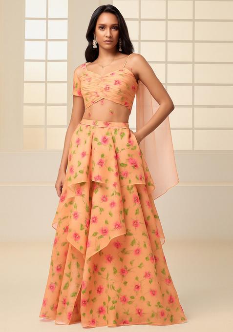 Peach Printed Organza Lehenga Set