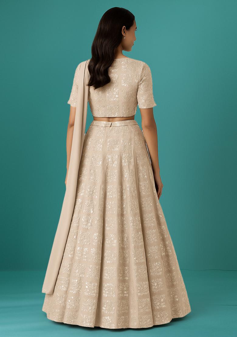 Beige Embellished Georgette Lehenga Set - Indya