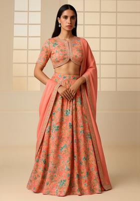 Peach Sequin Satin Lehenga Set