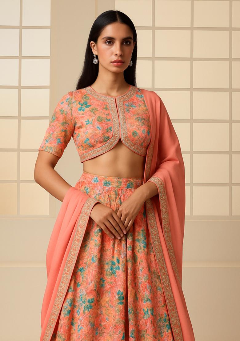 Peach Sequin Satin Lehenga Set - Indya