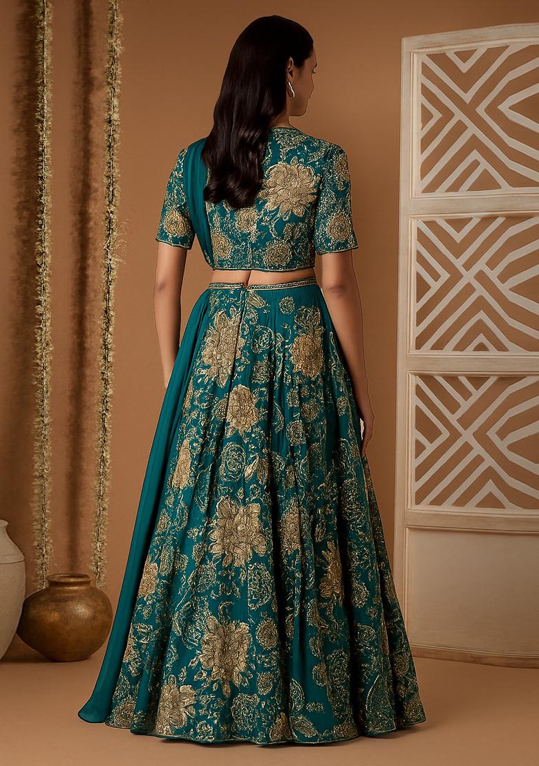 Green Sequin Satin Lehenga Set - Indya