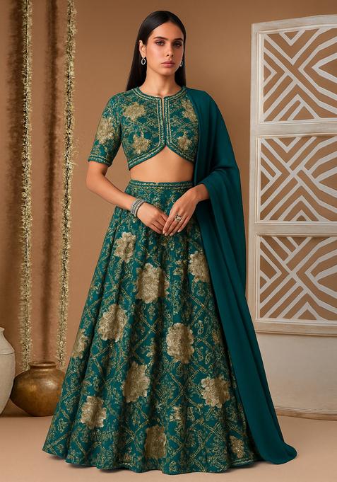 Green Sequin Satin Lehenga Set