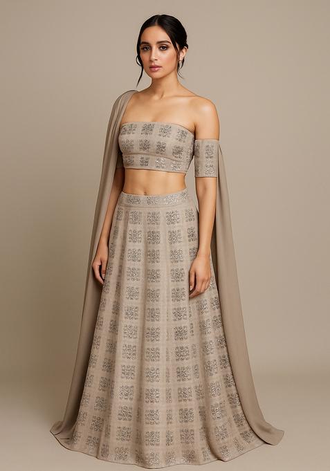 Beige Embellished Georgette Lehenga Set