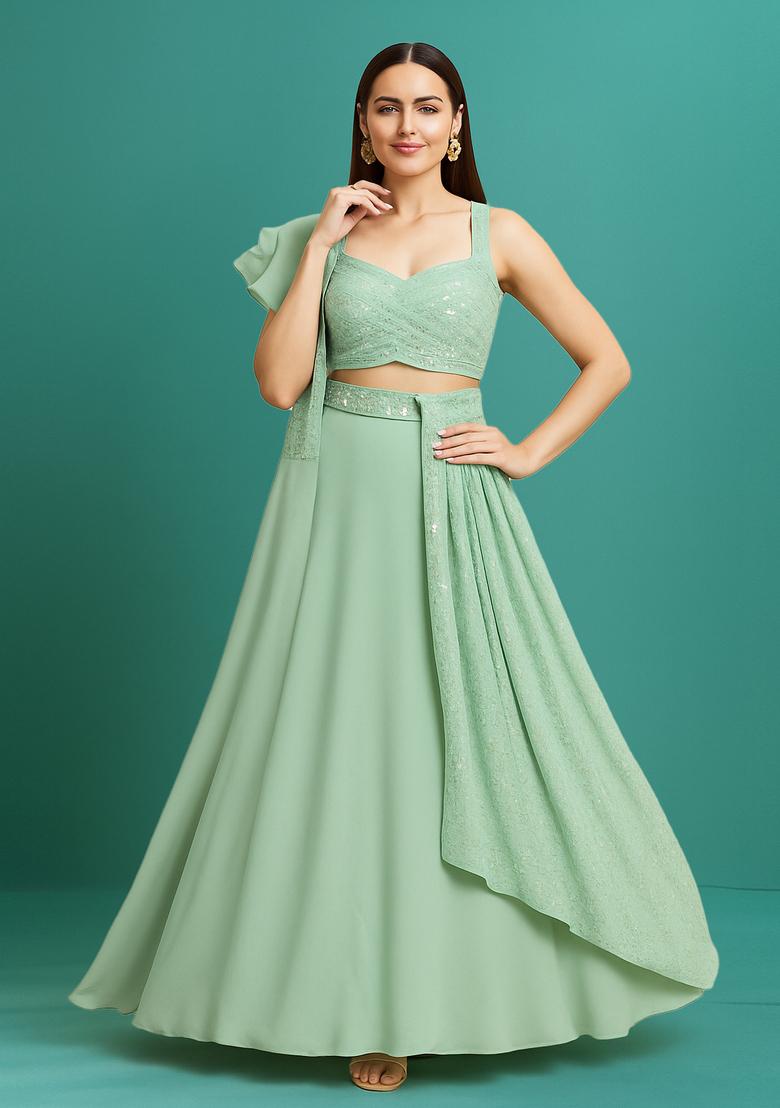 Sea Green Sequin Georgette Lehenga Set