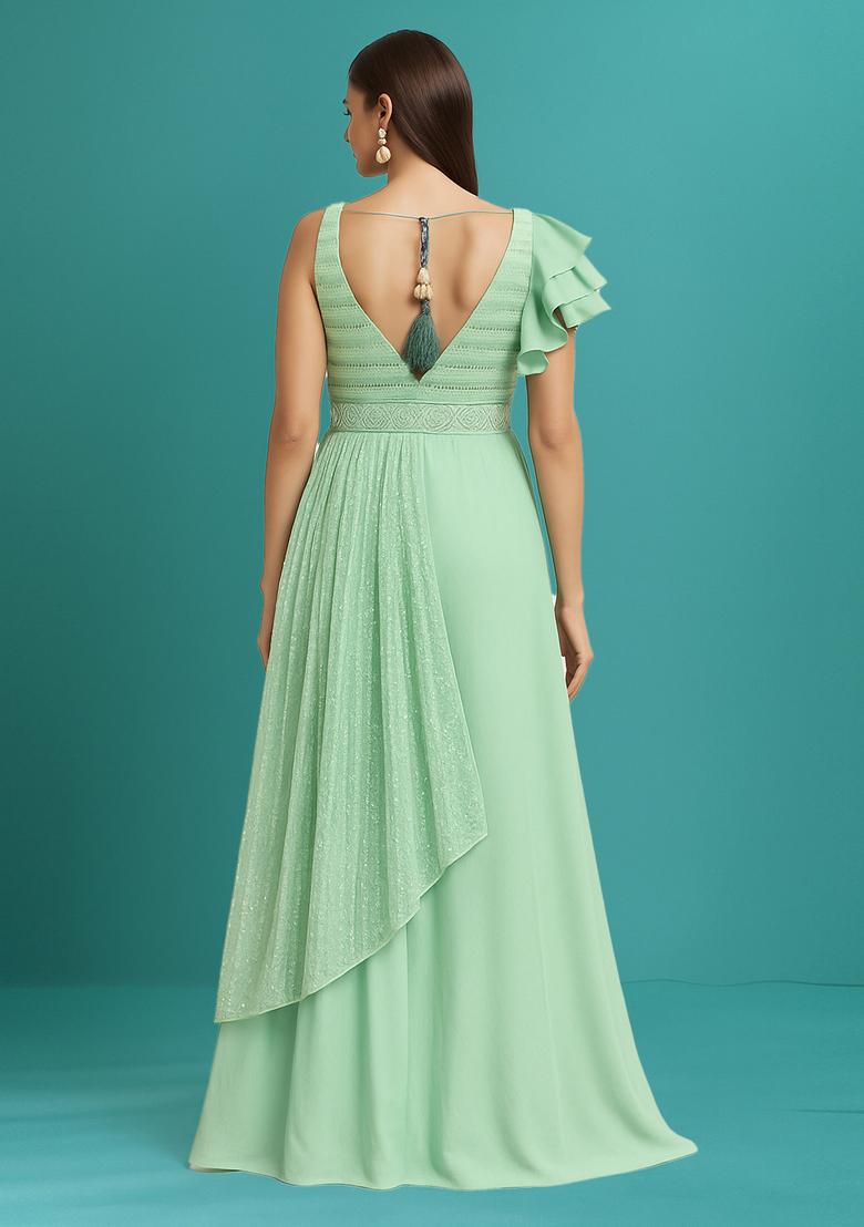 Sea Green Sequin Georgette Lehenga Set - Indya