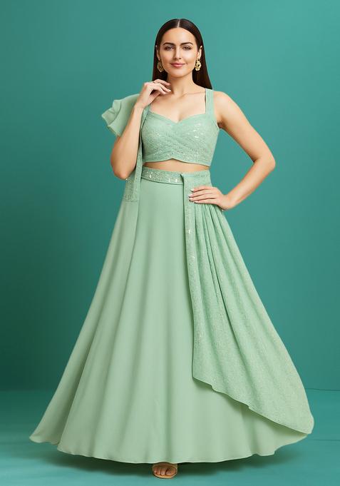 Sea Green Sequin Georgette Lehenga Set