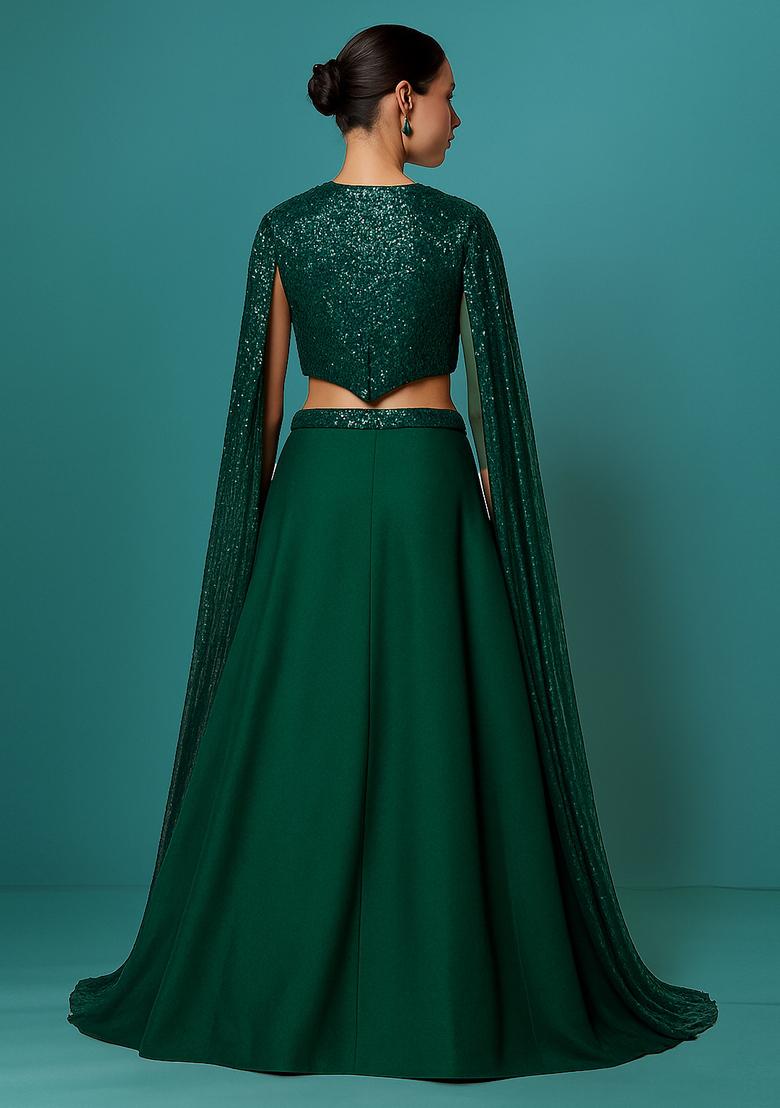 Green Sequin Georgette Lehenga Set - Indya