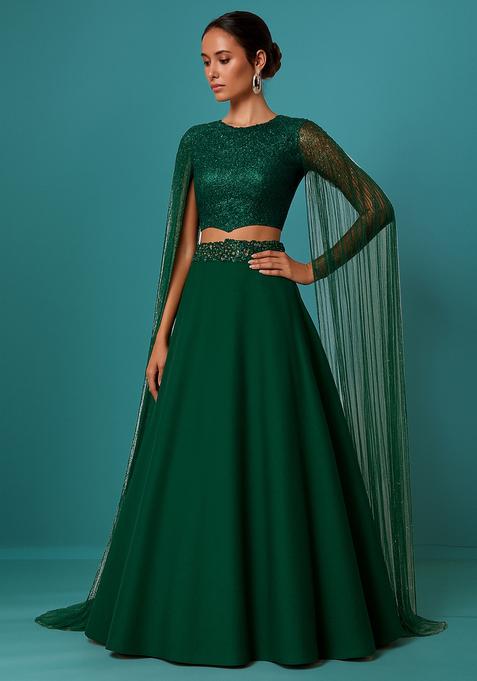 Green Sequin Georgette Lehenga Set