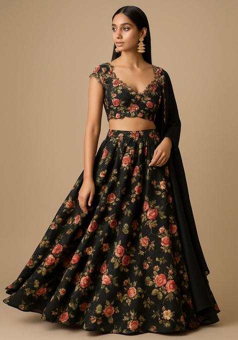 Black Printed Crepe Silk Lehenga Set