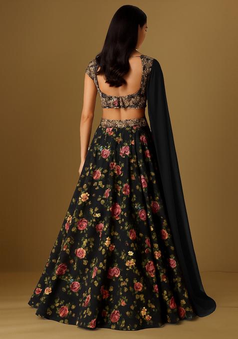 Black Printed Crepe Silk Lehenga Set