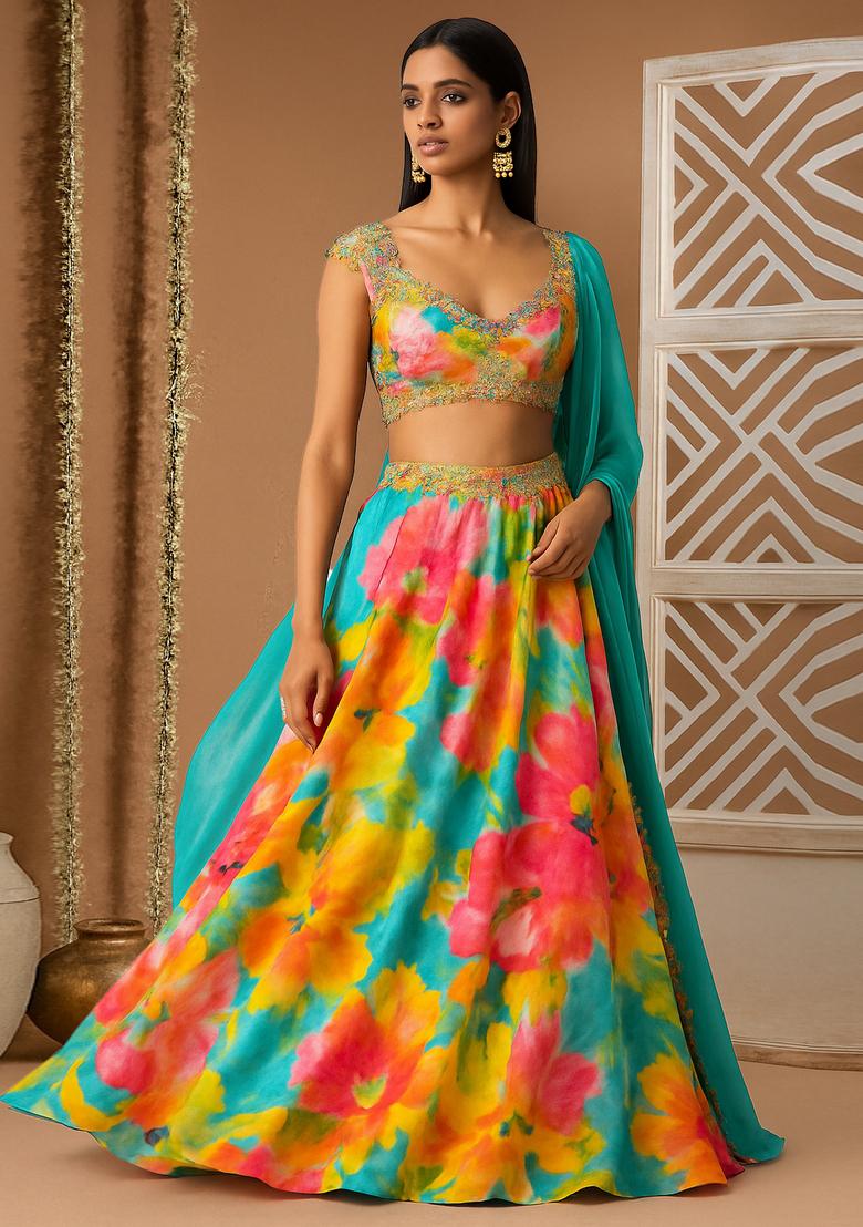 Multicolor Printed Crepe Silk Lehenga Set
