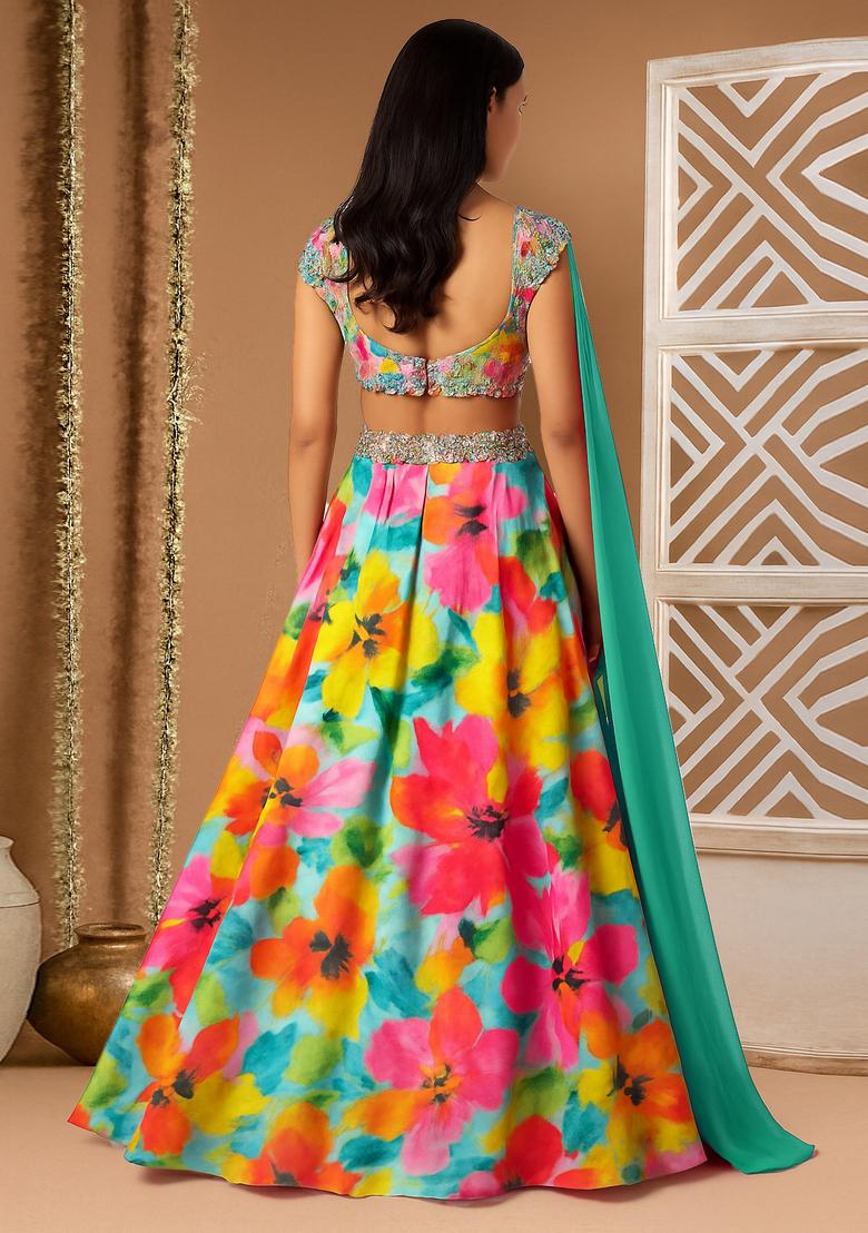Multicolor Printed Crepe Silk Lehenga Set - Indya