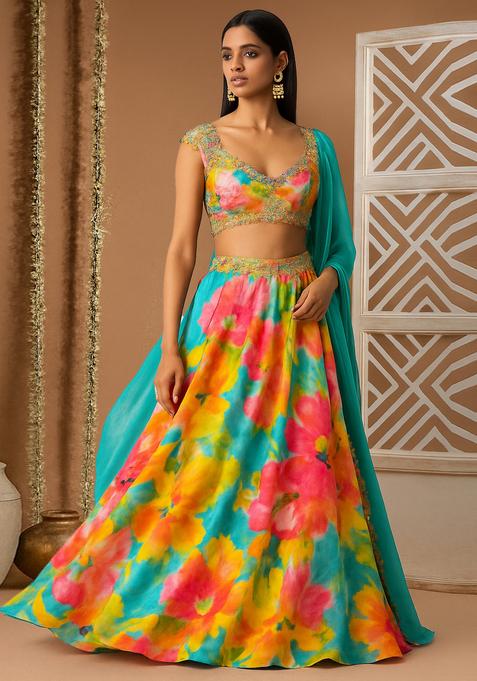 Multicolor Printed Crepe Silk Lehenga Set