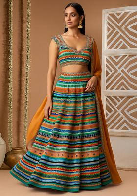 Multicolor Printed Crepe Silk Lehenga Set