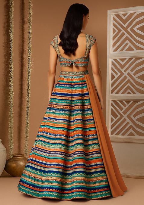 Multicolor Printed Crepe Silk Lehenga Set