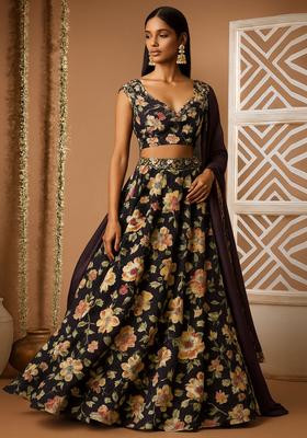 Black Printed Crepe Silk Lehenga Set