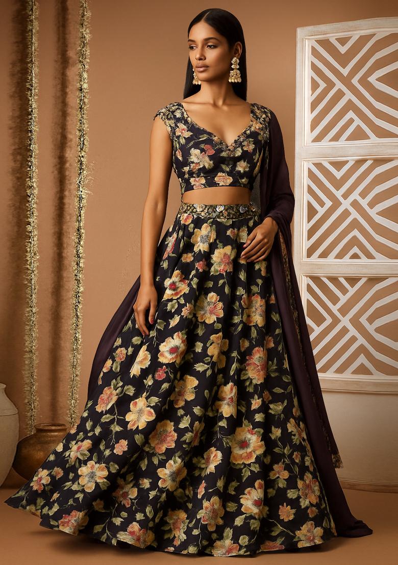 Black Printed Crepe Silk Lehenga Set - Indya
