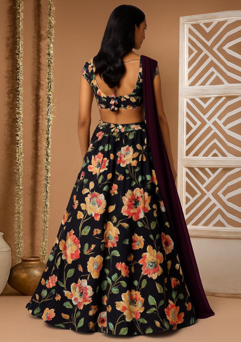 Black Printed Crepe Silk Lehenga Set