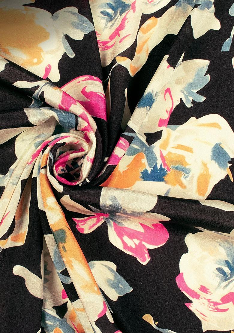 Black Printed Crepe Silk Lehenga Set - Indya