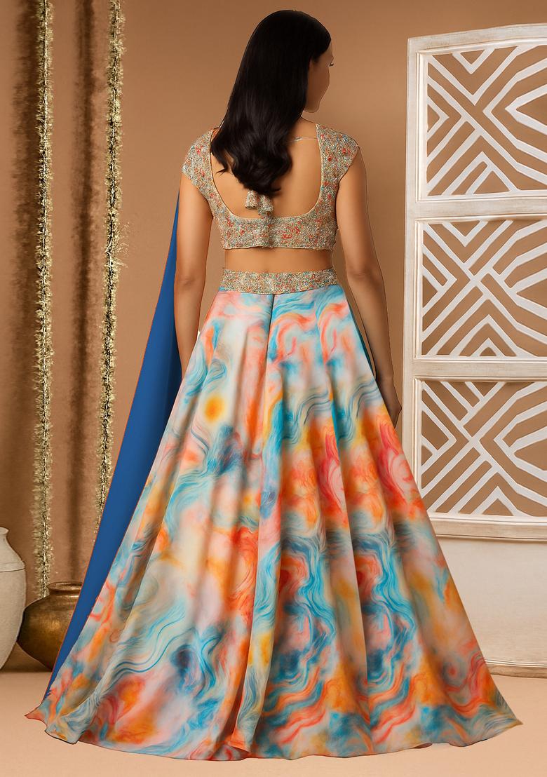Multicolor Printed Crepe Silk Lehenga Set - Indya