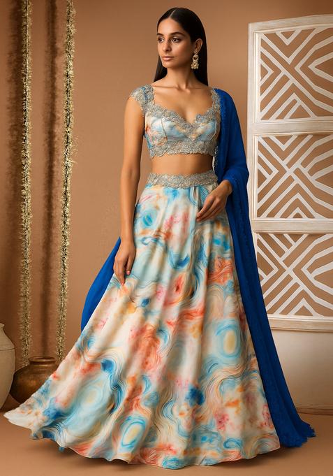 Multicolor Printed Crepe Silk Lehenga Set