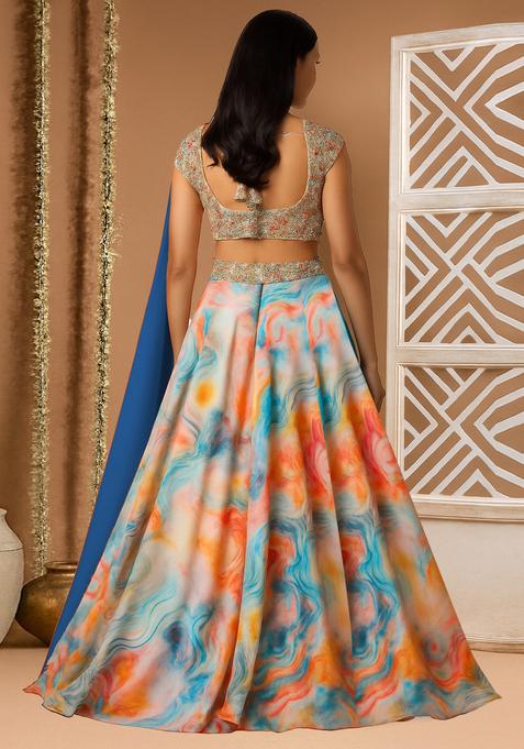 Multicolor Printed Crepe Silk Lehenga Set
