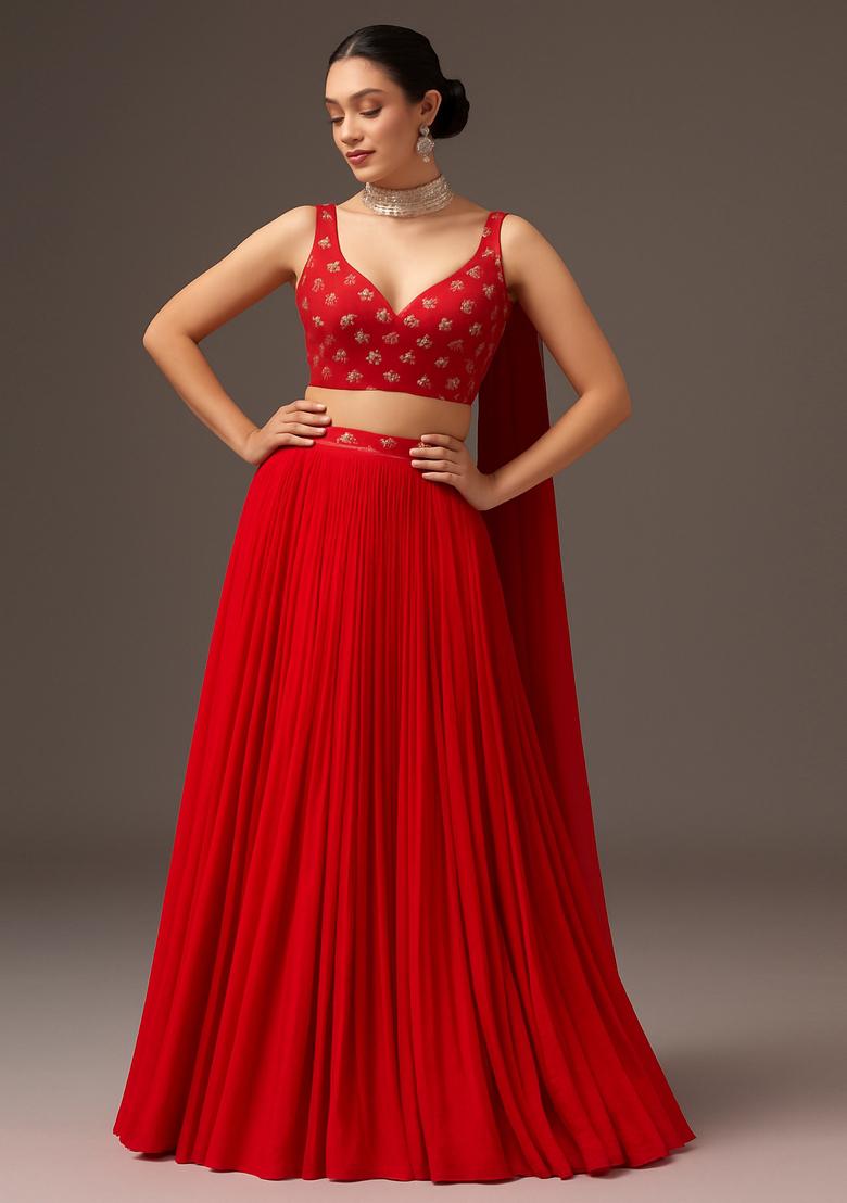 Red Zari And Sequin Organza Lehenga Set