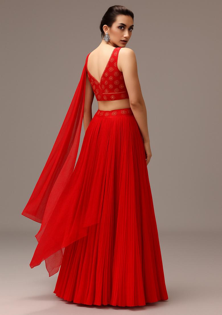 Red Zari And Sequin Organza Lehenga Set - Indya