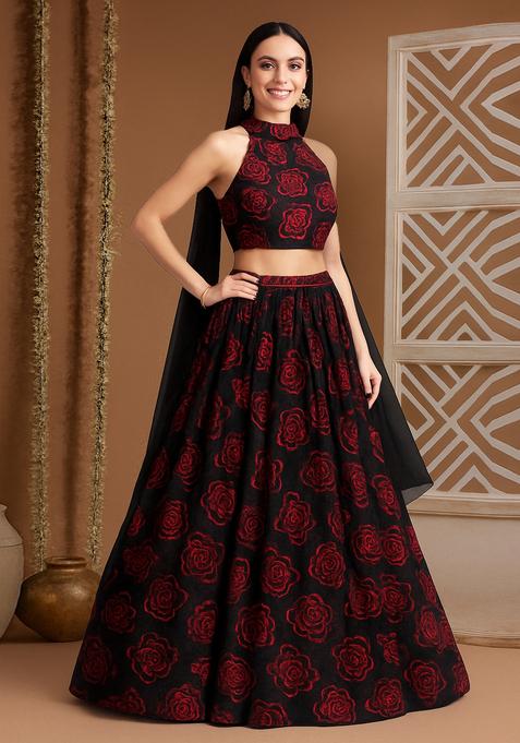 Black Threadwork Organza Lehenga Set