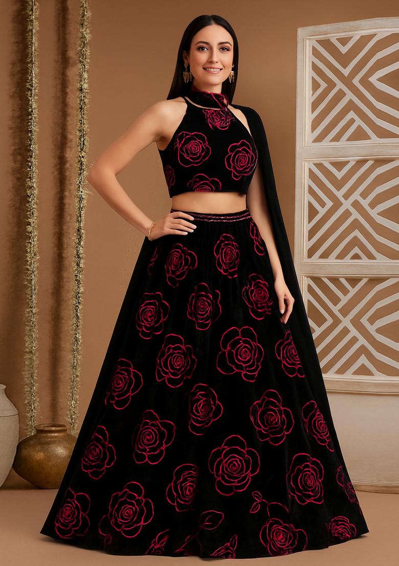 Black Threadwork Organza Lehenga Set