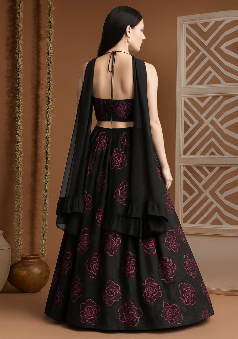 Black Threadwork Organza Lehenga Set