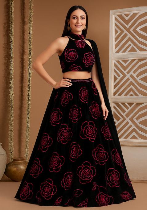 Black Threadwork Organza Lehenga Set