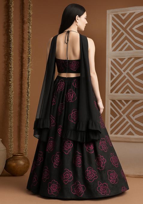 Black Threadwork Organza Lehenga Set