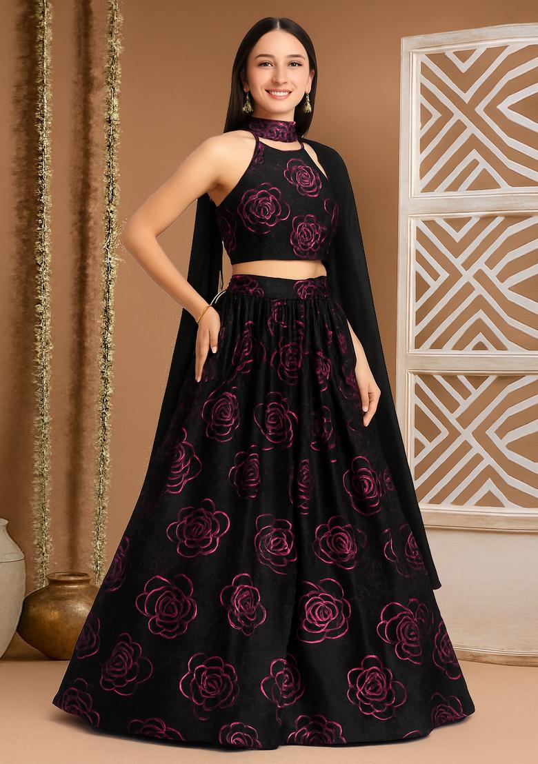 Black Threadwork Organza Lehenga Set