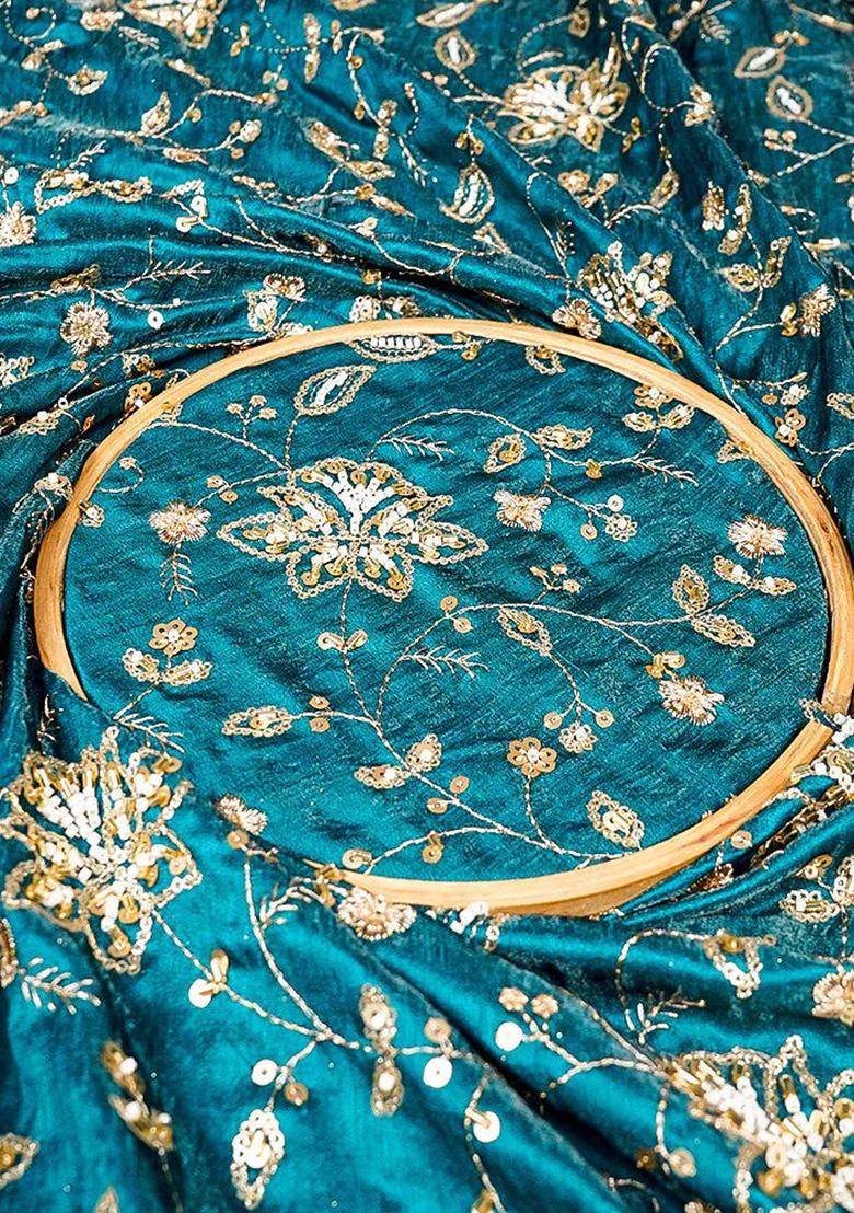 Teal Green Zari And Bead Silk Lehenga Set