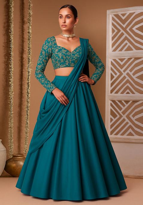 Teal Green Zari And Bead Silk Lehenga Set