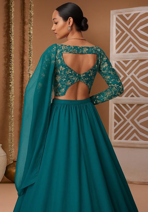 Teal Green Zari And Bead Silk Lehenga Set