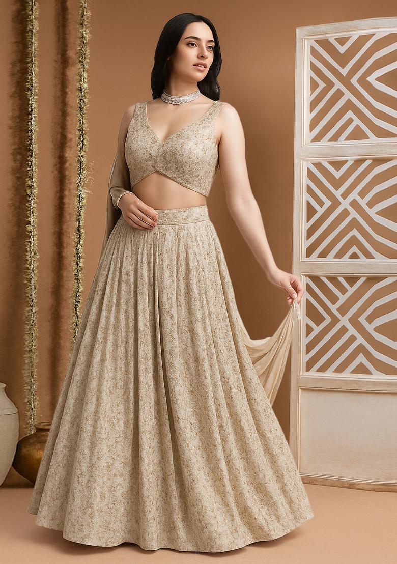 Beige Embroidered Georgette Lehenga Set