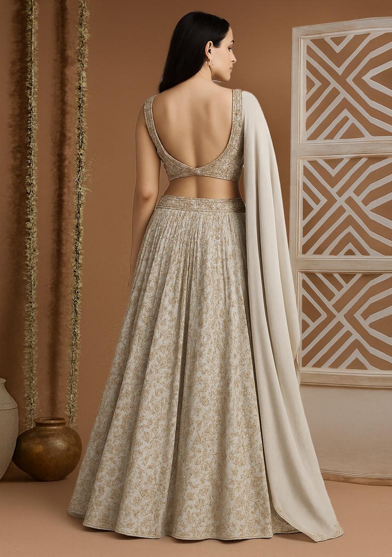Beige Embroidered Georgette Lehenga Set - Indya