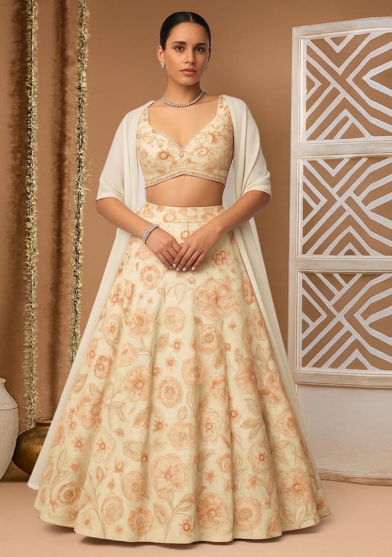 Cream Embroidered Silk Lehenga Set