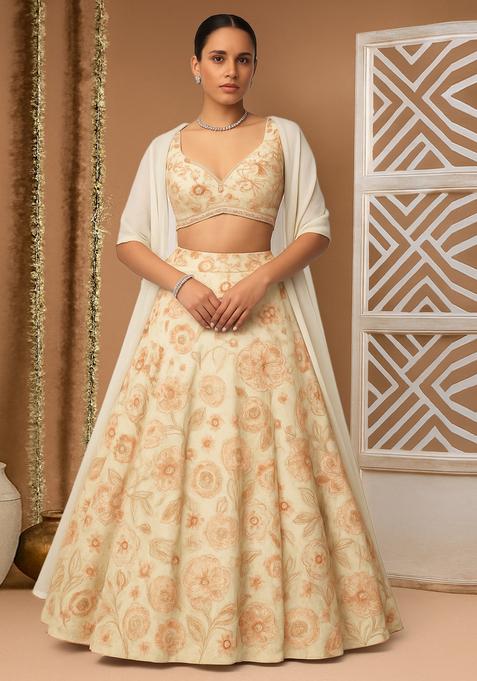Cream Embroidered Silk Lehenga Set