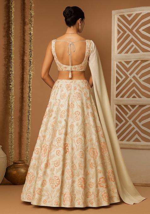 Cream Embroidered Silk Lehenga Set