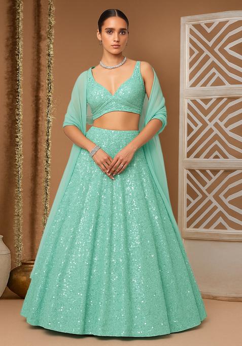 Mint Green Sequin Embellished Organza Lehenga Set