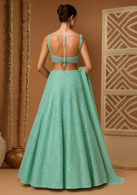 Mint Green Sequin Embellished Organza Lehenga Set