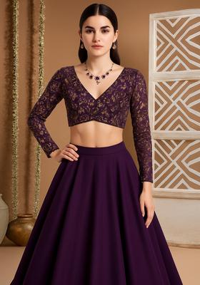 Purple Embroidered Blouse Georgette Lehenga Set
